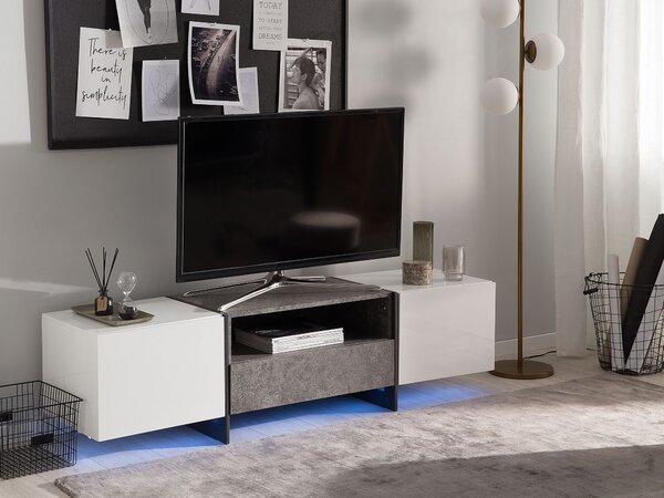 TV stolík biela sivá betónový efekt MDF kov s LED osvetlením úložný priestor 2 skrinky zásuvka polica industriálny štýl obývačka