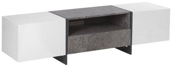 TV stolík biela sivá betónový efekt MDF kov s LED osvetlením úložný priestor 2 skrinky zásuvka polica industriálny štýl obývačka