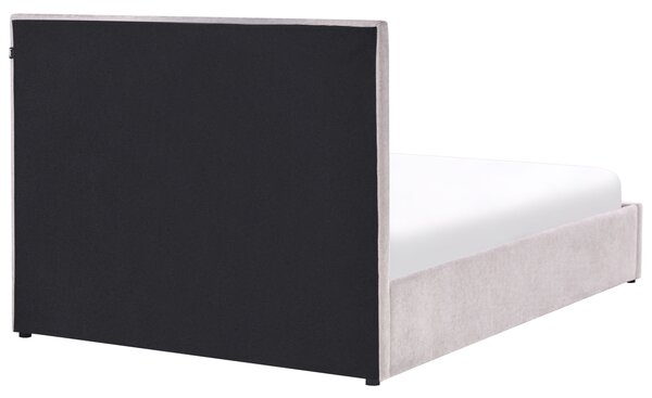 Posteľ s úložným priestorom sivobéžová 140 x 200 cm ženilkové čalúnenie prešívané čelo zdvíhací rošt minimalistický dizajn