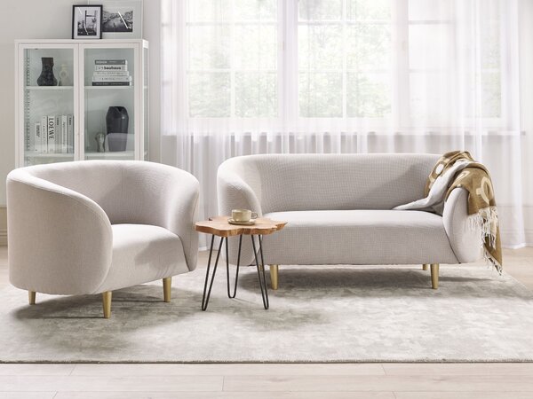 Sedacia súprava béžová polyesterové čalúnenie zlaté nohy zaoblené operadlo 2-miestna pohovka kreslo retro glamour art deco štýl