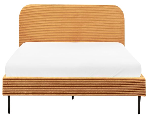 Posteľ oranžová menčestrová 140 x 200 cm čalúnené čelo čierne nohy lamelový rošt minimalistický dizajn