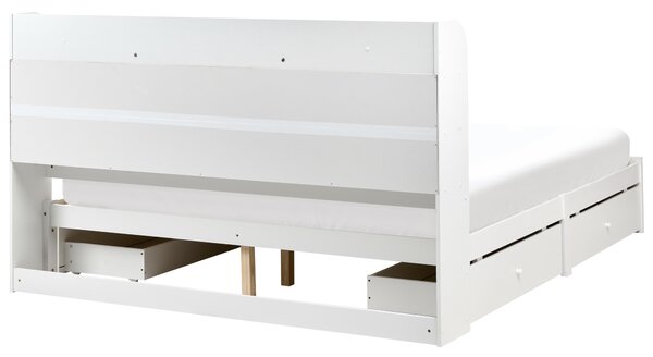 Posteľ biela a béžová MDF 180 x 200 cm úložný priestor 4 zásuvky buklé čelo s policami minimalistický štýl