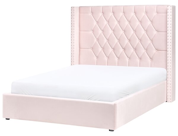 Posteľ s úložným priestorom ružová zamatové čalúnenie 140 x 200 cm prešívané čelo lamelový rošt glamour dizajn