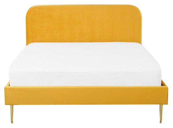 Posteľ žltá čalúnená zamatová 160 x 200 cm čalúnené čelo zlaté nohy lamelový rošt minimalistický dizajn