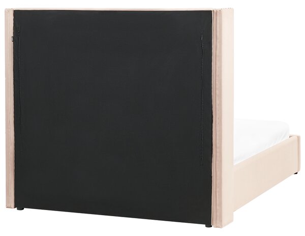 Posteľ s úložným priestorom béžová zamatové čalúnenie 140 x 200 cm prešívané čelo lamelový rošt glamour dizajn