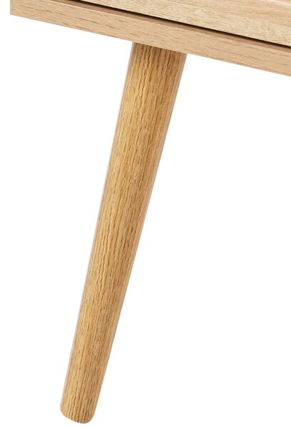 Nočný stolík svetlohnedý drevotriesková doska nohy z borovicového dreva 1 zásuvka sklenené dvierka úložný priestor minimalistický štýl