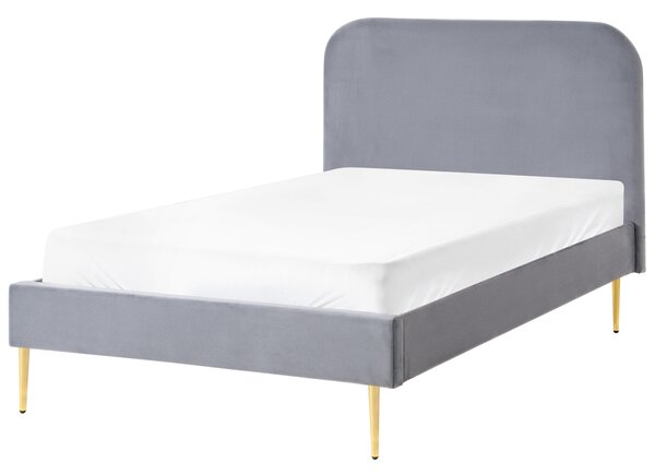 Posteľ sivá čalúnená zamatová 120 x 200 cm čalúnené čelo zlaté nohy lamelový rošt minimalistický dizajn