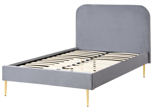 Posteľ sivá čalúnená zamatová 120 x 200 cm čalúnené čelo zlaté nohy lamelový rošt minimalistický dizajn