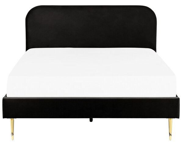 Posteľ čierna čalúnená zamatová 160 x 200 cm čalúnené čelo zlaté nohy lamelový rošt minimalistický dizajn