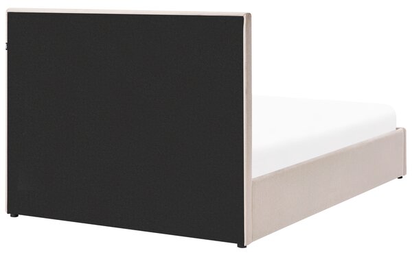 Posteľ s úložným priestorom sivobéžová 140 x 200 cm látkové čalúnenie prešívané čelo zdvíhací rošt minimalistický dizajn
