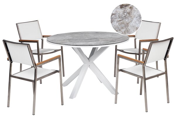 Záhradná jedálenská zostava biela hliníková 4-miestna okrúhly stôl mramorový efekt so stoličkami moderný dizajn