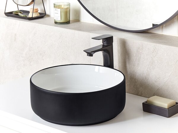 Kúpeľňové umývadlo na dosku čierne keramické lesklé 36 cm okrúhle moderný štýl