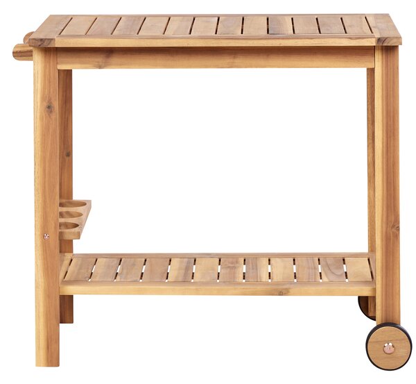 Záhradný servírovací vozík svetlohnedý certifikované akáciové drevo 47 x 90 x 74 cm 2-poschodový na kolieskach držiak na fľaše rustikálny štýl