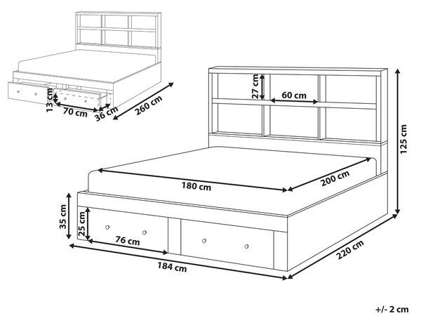 Posteľ biela MDF 180 x 200 cm úložný priestor 2 zásuvky čelo s policami minimalistický štýl