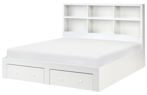 Posteľ biela MDF 180 x 200 cm úložný priestor 2 zásuvky čelo s policami minimalistický štýl