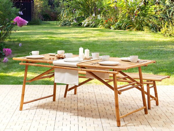 Záhradný stôl svetlohnedý bambusové drevo 180 x 90 cm obdĺžnikový tvar moderný boho štýl exteriér