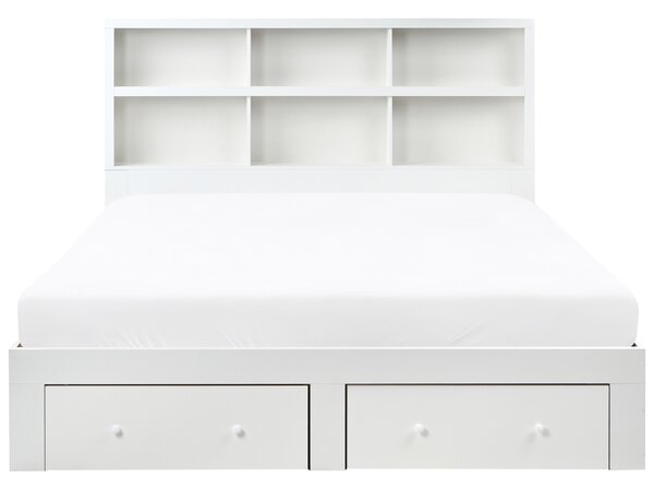 Posteľ biela MDF 180 x 200 cm úložný priestor 2 zásuvky čelo s policami minimalistický štýl
