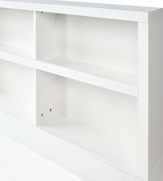 Posteľ biela MDF 160 x 200 cm úložný priestor 2 zásuvky čelo s policami minimalistický štýl