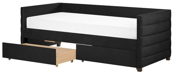Posteľ čierna zamatové čalúnenie jednolôžko 90 x 200 cm lamelový rošt zásuvky úložný priestor moderný štýl
