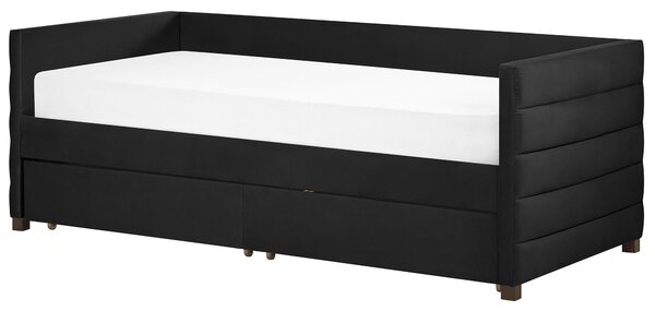 Posteľ čierna zamatové čalúnenie jednolôžko 90 x 200 cm lamelový rošt zásuvky úložný priestor moderný štýl