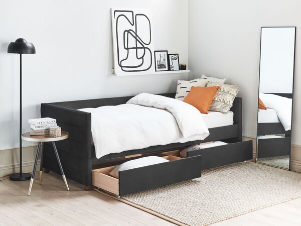 Posteľ čierna zamatové čalúnenie jednolôžko 90 x 200 cm lamelový rošt zásuvky úložný priestor moderný štýl