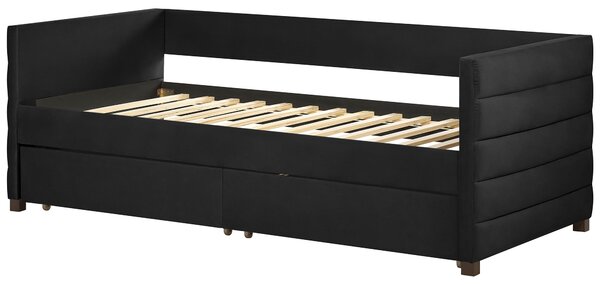 Posteľ čierna zamatové čalúnenie jednolôžko 90 x 200 cm lamelový rošt zásuvky úložný priestor moderný štýl