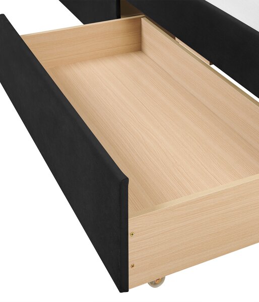 Posteľ čierna zamatové čalúnenie jednolôžko 90 x 200 cm lamelový rošt zásuvky úložný priestor moderný štýl