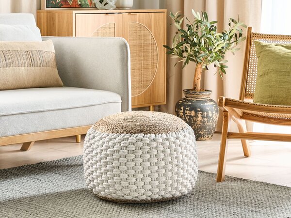 Taburetka biela a béžová pletená bavlna juta výplň EPS guľôčky okrúhla podnožka 50 x 35 cm boho štýl obývacia izba