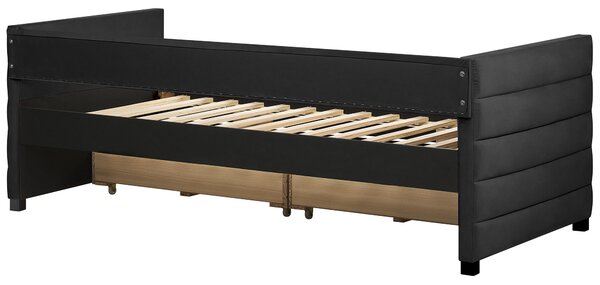 Posteľ čierna zamatové čalúnenie jednolôžko 90 x 200 cm lamelový rošt zásuvky úložný priestor moderný štýl