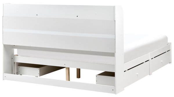 Posteľ biela a béžová MDF 160 x 200 cm úložný priestor 4 zásuvky buklé čelo s policami minimalistický štýl