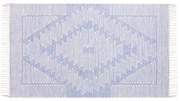 Koberec modrý a biely zmes vlny a bavlny 80 x 150 cm geometrický vzor strapce orientálny dizajn