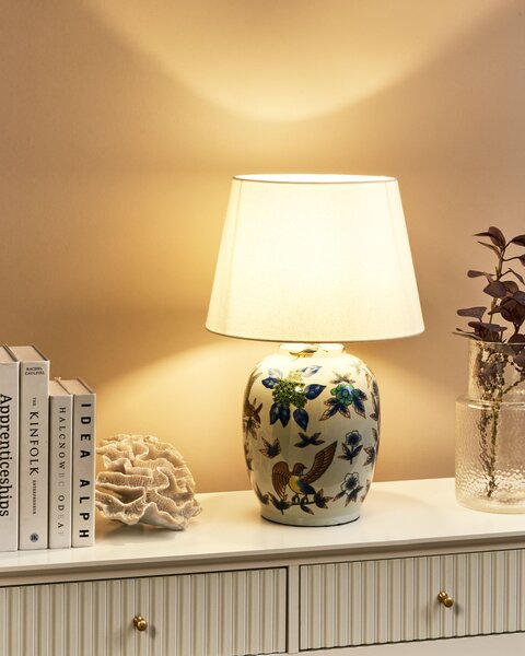 Stolná lampa biela modrá porcelánový podstavec ľanové tienidlo kvetinový vzor osvetlenie obývacia izba spálňa