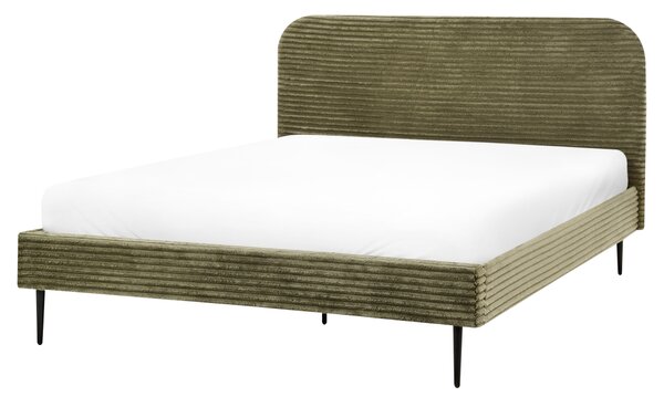 Posteľ zelená menčestrová 160 x 200 cm čalúnené čelo čierne nohy lamelový rošt minimalistický dizajn