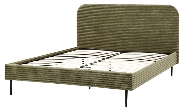 Posteľ zelená menčestrová 160 x 200 cm čalúnené čelo čierne nohy lamelový rošt minimalistický dizajn