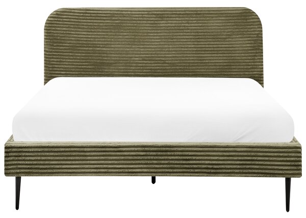 Posteľ zelená menčestrová 160 x 200 cm čalúnené čelo čierne nohy lamelový rošt minimalistický dizajn
