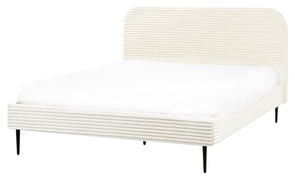 Posteľ krémová biela menčestrová 160 x 200 cm čalúnené čelo čierne nohy lamelový rošt minimalistický dizajn