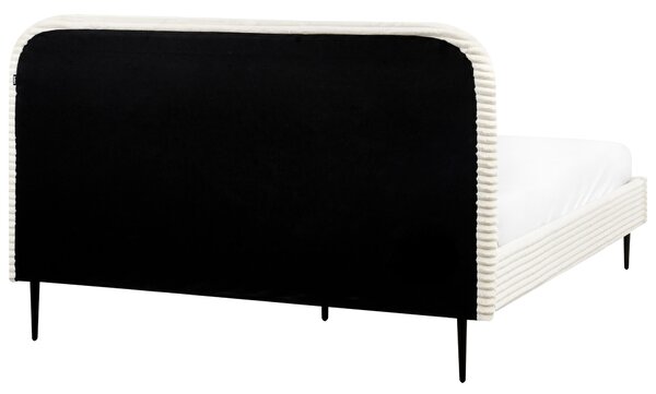 Posteľ krémová biela menčestrová 160 x 200 cm čalúnené čelo čierne nohy lamelový rošt minimalistický dizajn