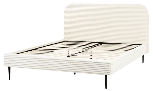 Posteľ krémová biela menčestrová 160 x 200 cm čalúnené čelo čierne nohy lamelový rošt minimalistický dizajn