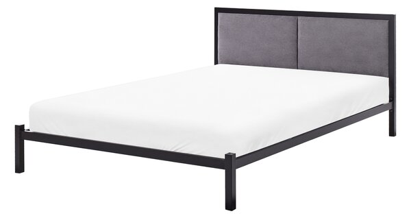 Kovová posteľ čierna 140 x 200 cm rám postele s roštom sivé čalúnené čelo minimalistický dizajn