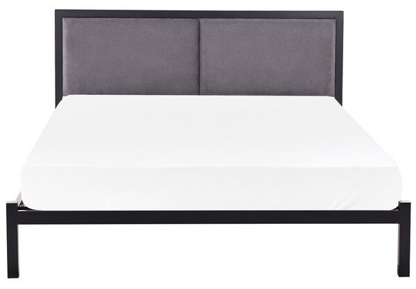 Kovová posteľ čierna 140 x 200 cm rám postele s roštom sivé čalúnené čelo minimalistický dizajn