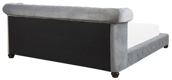 Posteľ sivá zamatová čalúnená 180 x 200 cm prešívané čelo v štýle Chesterfield klasický dizajn