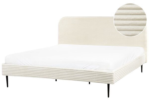 Posteľ krémová biela menčestrová 180 x 200 cm čalúnené čelo čierne nohy lamelový rošt minimalistický dizajn