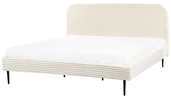 Posteľ krémová biela menčestrová 180 x 200 cm čalúnené čelo čierne nohy lamelový rošt minimalistický dizajn