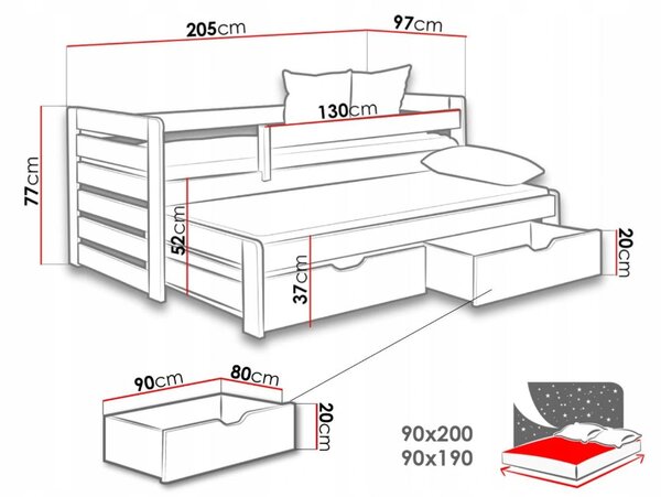 MAXMAX Detská posteľ z masívu borovice TOMÁŠ II s prístelkou a šuplíkmi - 200x90 cm - biela