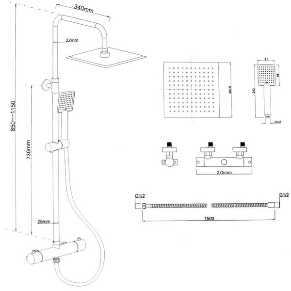 Erga Flova, sprchová súprava s termostatickou batériou a dažďovou hlavicou 20x20cm, čierna matná, ERG-YKA-BP.FLOVA THERM 20 BLK