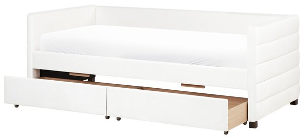 Posteľ krémová biela zamatové čalúnenie jednolôžko 90 x 200 cm lamelový rošt zásuvky úložný priestor moderný štýl