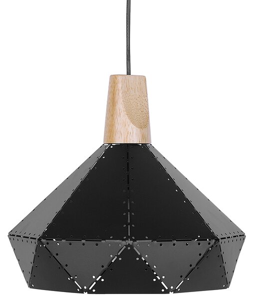 Závesná lampa čierna farba kovová s prvkom z dubového dreva geometrický tvar moderná