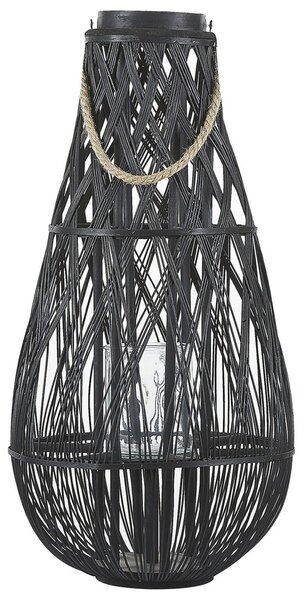 Lampáš čierny bambusové drevo 77 cm izbový vonkajší so skleneným držiakom na sviečku škandinávsky boho