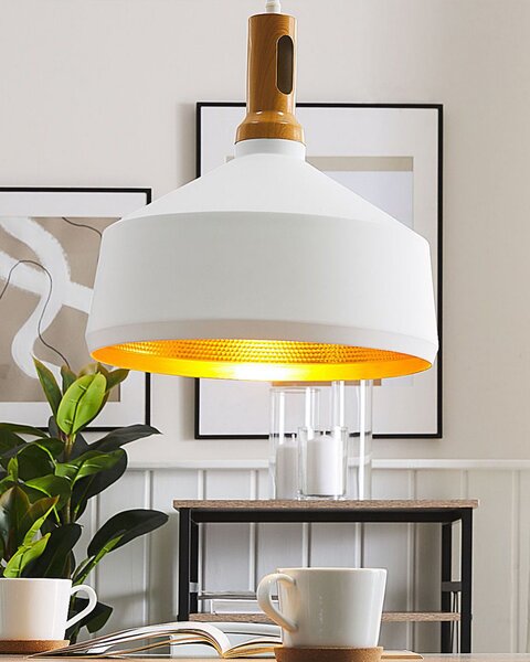 Závesné svetlo závesná lampa biela so zlatou a svetlé drevo hliníkové okrúhle geometrické tienidlo industriálny dizajn