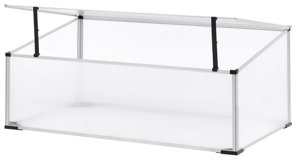 Záhradný skleník strieborný hliníkový rám polykarbonátové panely otváracie veko UV ochrana